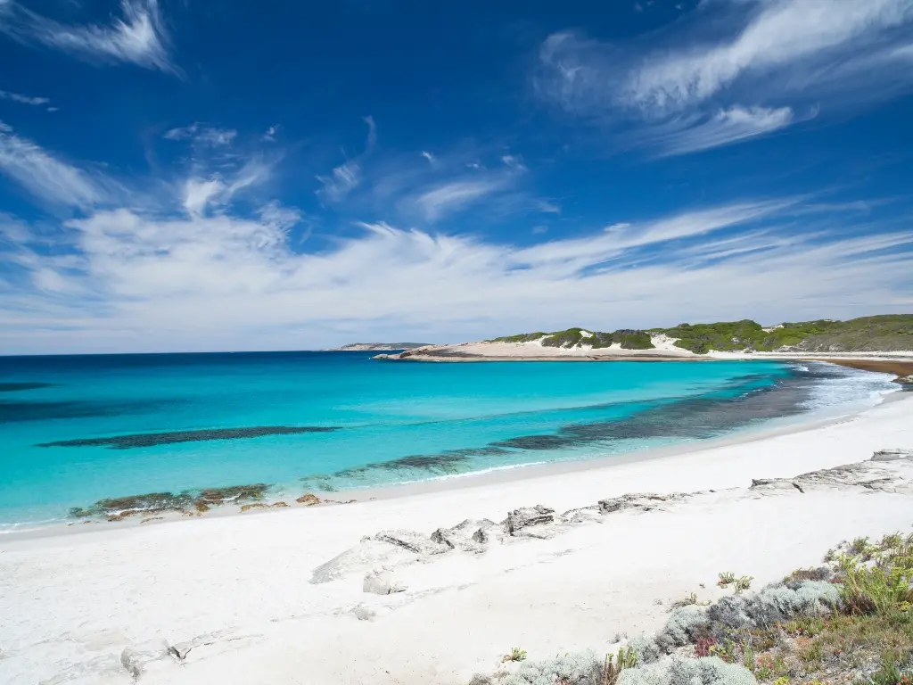 Wide view of Esperance’s main beach with turquoise waters and white sand