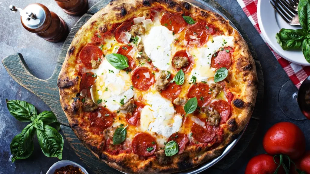Wood-fired pepperoni pizza with bubbling cheese